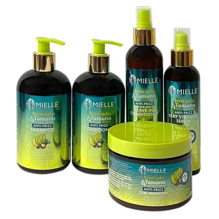 Mielle Avocado & Tamanu – Anti-Frizz Collection - Shampoo, Conditioner, Leave-in Conditioner, Stay Straight Serum & Curl Perfector – Bundle Combo Set 5PCS