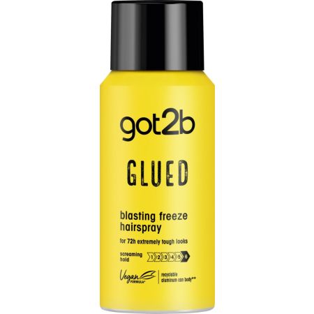 Got2b Glued Blasting Freeze Hairspray 100ml, gele aerosol spuitbus met zwarte dop, haarspray 100ml