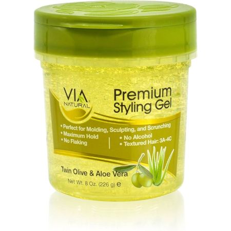 VIA Natural Premium Styling Gel Twin Olive & Aloe Vera 226gr, transparante pot met groene deksel, haarstylinggel 226g