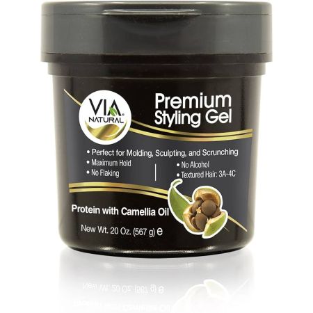 VIA Natural Premium Styling Gel Protein with Camellia 567gr, zwarte pot met grijze deksel, haarstylinggel met camellia 567g
