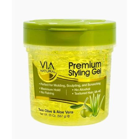 VIA Natural Premium Styling Gel Twin Olive & Aloe 567gr, grote pot met groene deksel, gele haarstylinggel 567g