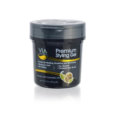 VIA Natural Premium Styling Gels Protein with Camellia 226gr, zwarte ronde pot met donkergrijze deksel, haarstylinggel 226g